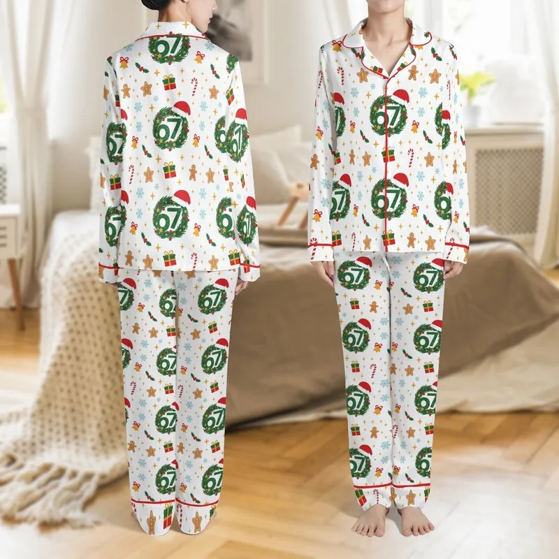 Holiday '67' Wreath Pajama Pants: Festive Snowflake, Gingerbread & Candy Cane Sleepwear Satin Pajamas Set - 1