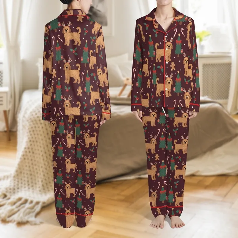 Golden Doodle Christmas Design: Whimsical Reindeer Dogs, Trees & Candy Cane Pattern Satin Pajamas Set - 1