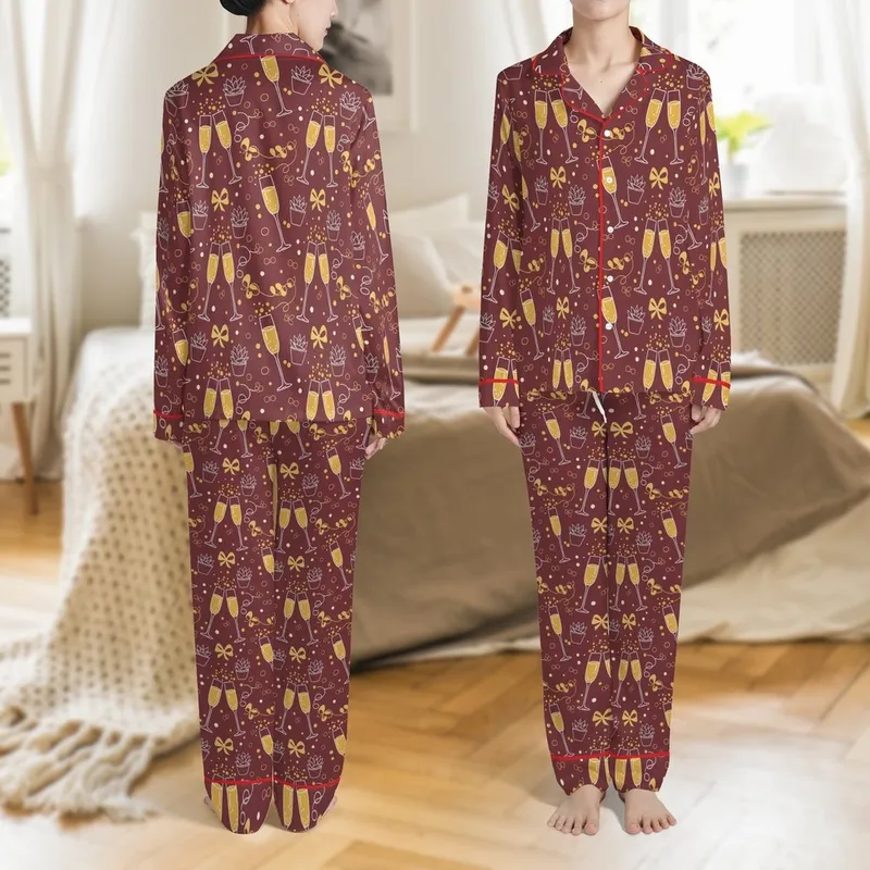 Celebration Wear: Sparkling Champagne Flute & Cozy Gift Motif Print Satin Pajamas Set - 1