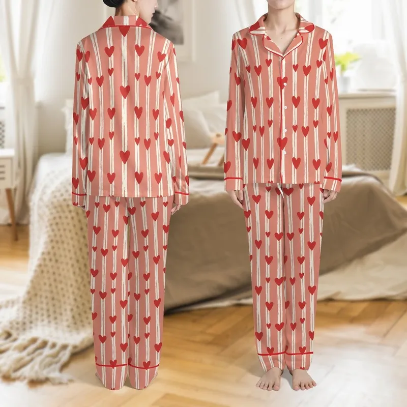 Bridesmaid Muted Salmon Pink Hand Block Print Rustic Stripe Heart Cotton Pajama Set Satin Pajamas Set - 1
