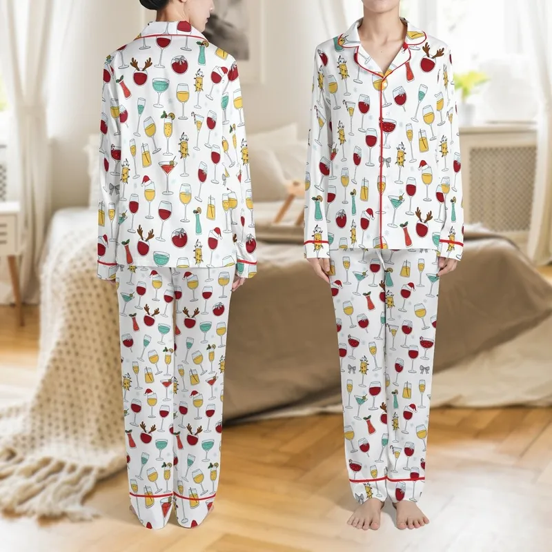 Family Red Wine Christmas Pajamas: Whimsical Glass & Reindeer Lights Pattern - Soft Poly-Spandex Set Satin Pajamas Set - 1