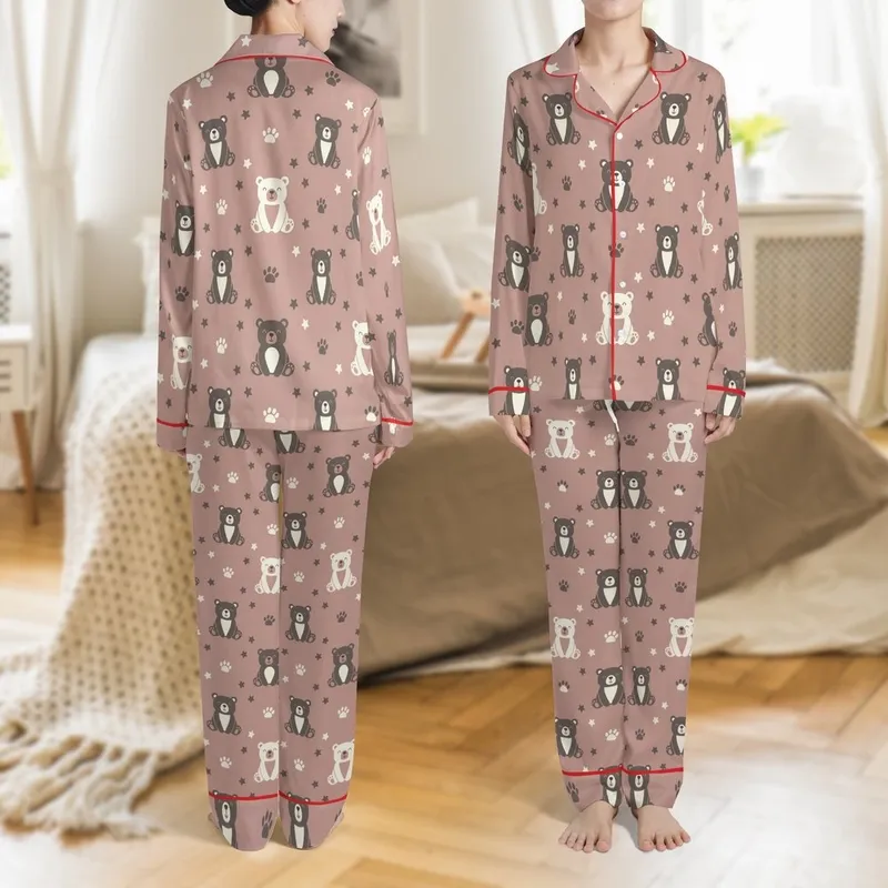 Cozy Bear Lover: Dusty Rose Taupe Whimsical Cartoon Bear Paw Print Comfort Wear Satin Pajamas Set - 1