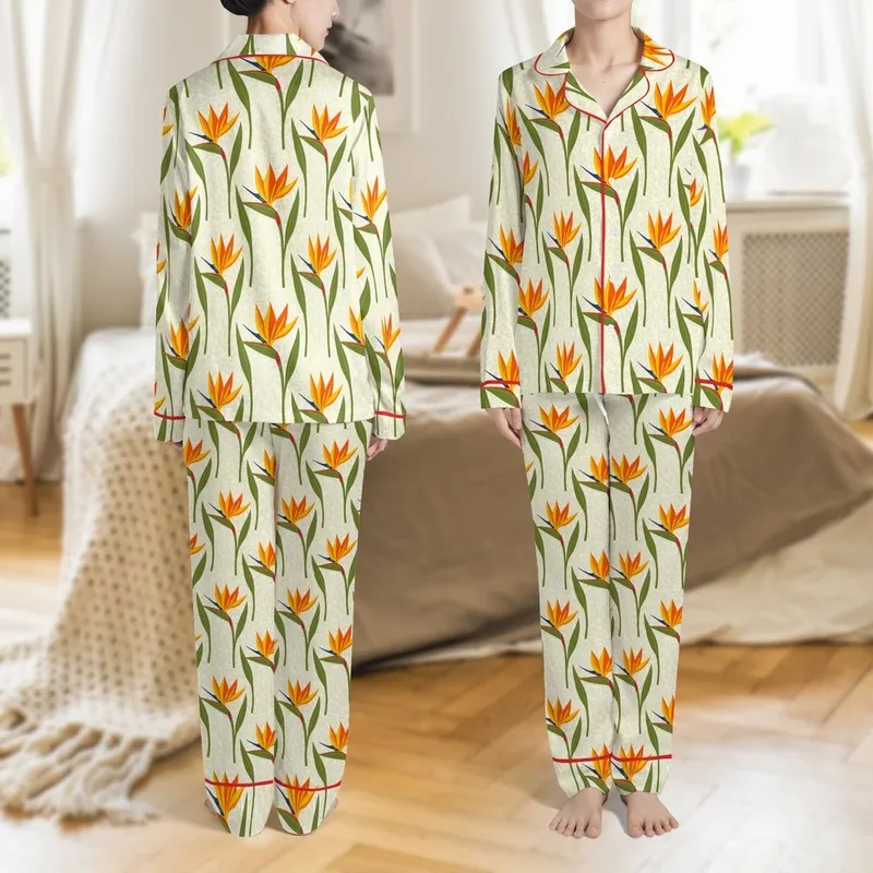Bridesmaid White Silk Peignoir Pajama Set: Bird of Paradise & Delicate Lace Floral Print Satin Pajamas Set - 1
