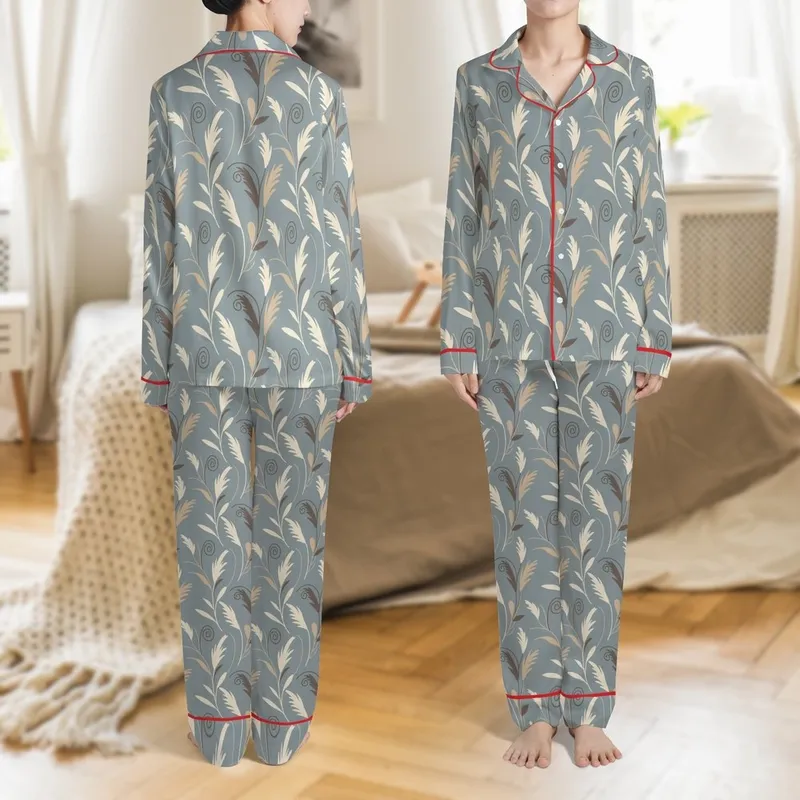 Breastfeeding Merino Wool Sleep Gown: Pampas Grass Muted Grey-Blue Organic Print Satin Pajamas Set - 1
