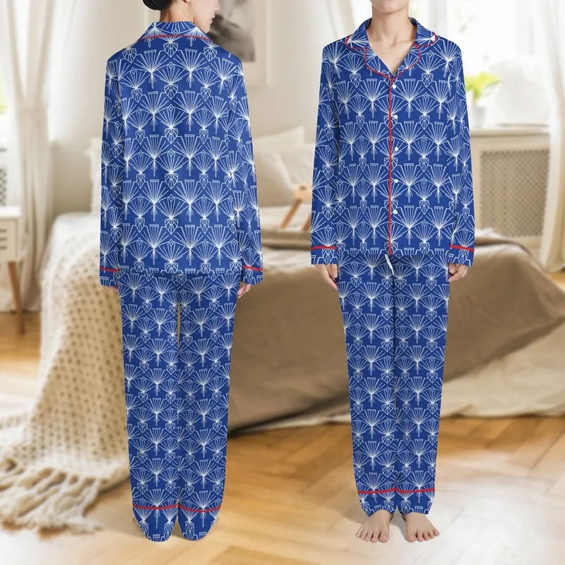 Art Deco Enthusiasts' Rich Royal Blue Elegant Abstract Geometric Seamless Pattern with White Fan Arch Motifs Satin Pajamas Set - 1