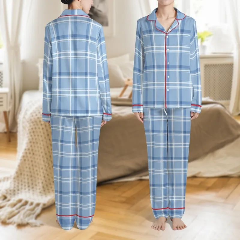 Women's Beginner Pale Blue Tartan Plaid Pajama Pants Sewing Pattern Satin Pajamas Set - 1