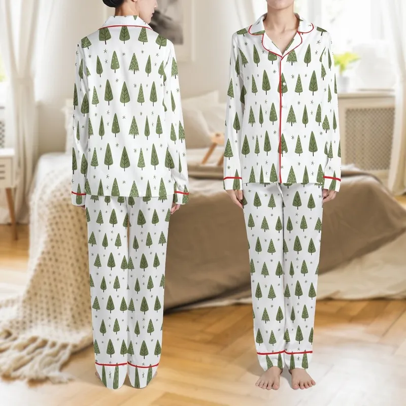 Cozy Winter Style: Whimsical Olive Forest Seamless Pattern - Hand-Drawn Evergreen Textile Art Satin Pajamas Set - 1