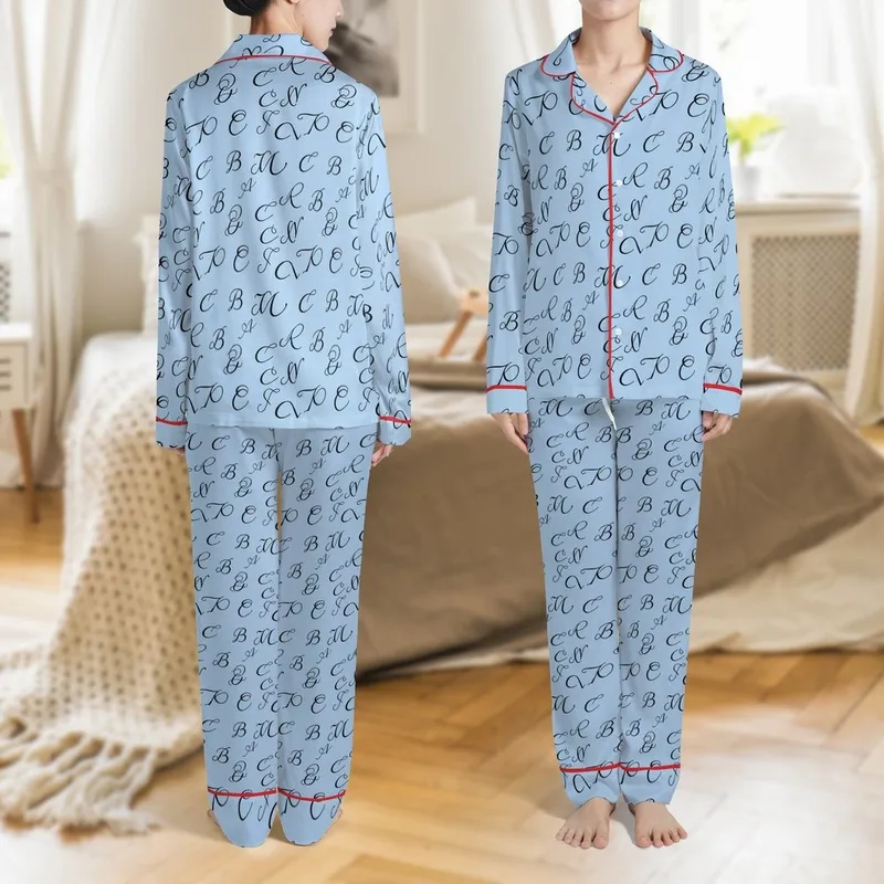 Elegant Monogram Style: Sky Blue Hand-Drawn Initial Pattern - Seamless Print Design Satin Pajamas Set - 1