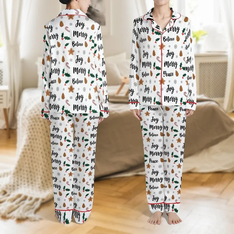 Whimsical Holiday Pattern: Joy Peace Merry Believe Text & Pinecone Holly Art - Seamless Vector Print Satin Pajamas Set - 1