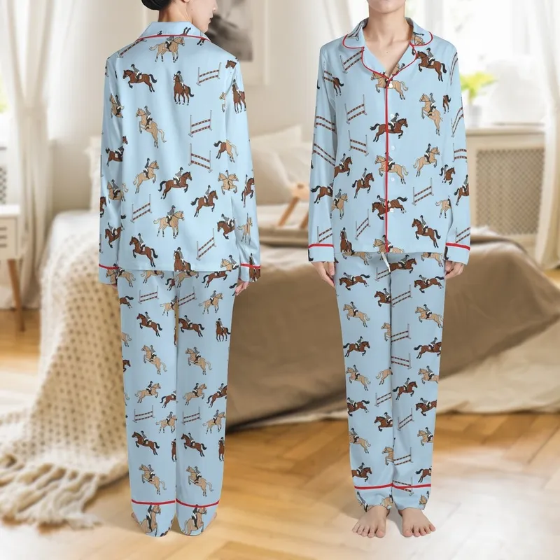 Women's Preppy Horse Pajamas: Colorful Showjumping Equestrian Pattern - Relaxed Fit Sleepwear Pants Satin Pajamas Set - 1