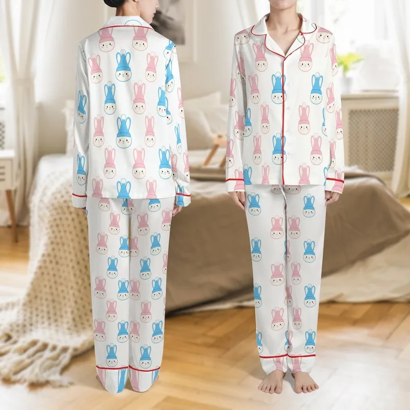 Adorable Chenille Bunny Pattern: Sky Blue & Pink Stylized Rabbit Seamless Print Satin Pajamas Set - 1