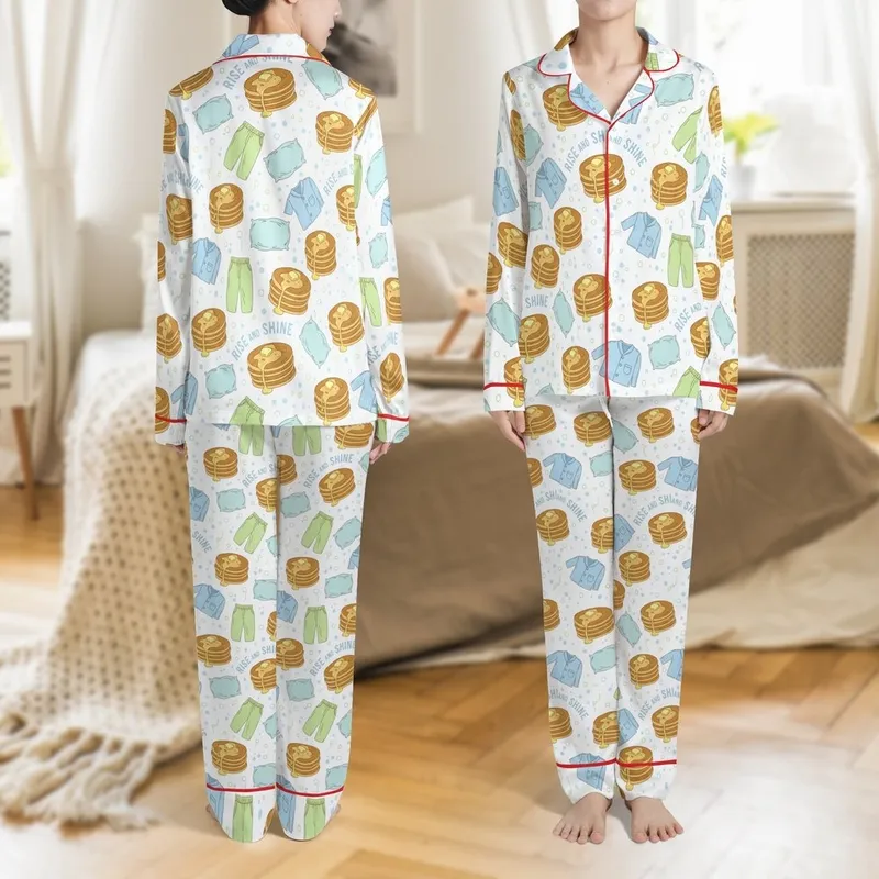 Pancakes & Pajamas Theme: Whimsical Golden Breakfast & Cozy Blue Green Pattern Pajamas Satin Pajamas Set - 1