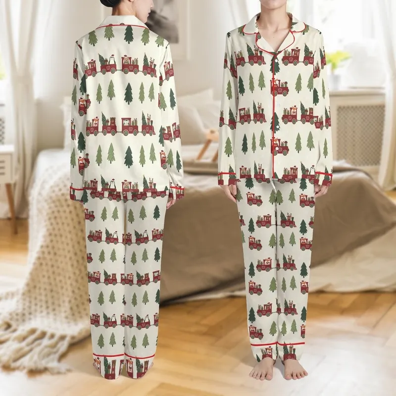 Family Christmas Train Pattern: Crimson Woodland Animals & Presents – Rustic Holiday Art Satin Pajamas Set - 1