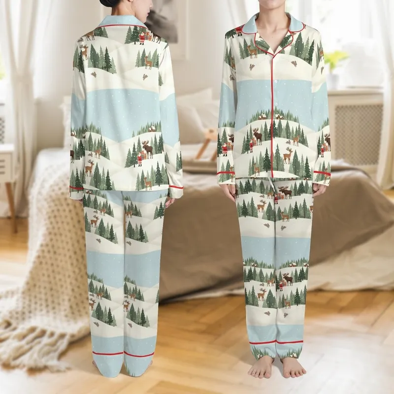 Winter Wonderland Dream: Santa, Deer & Moose Snowy Forest Narrative - Hand-Drawn Storybook Graphic Satin Pajamas Set - 1