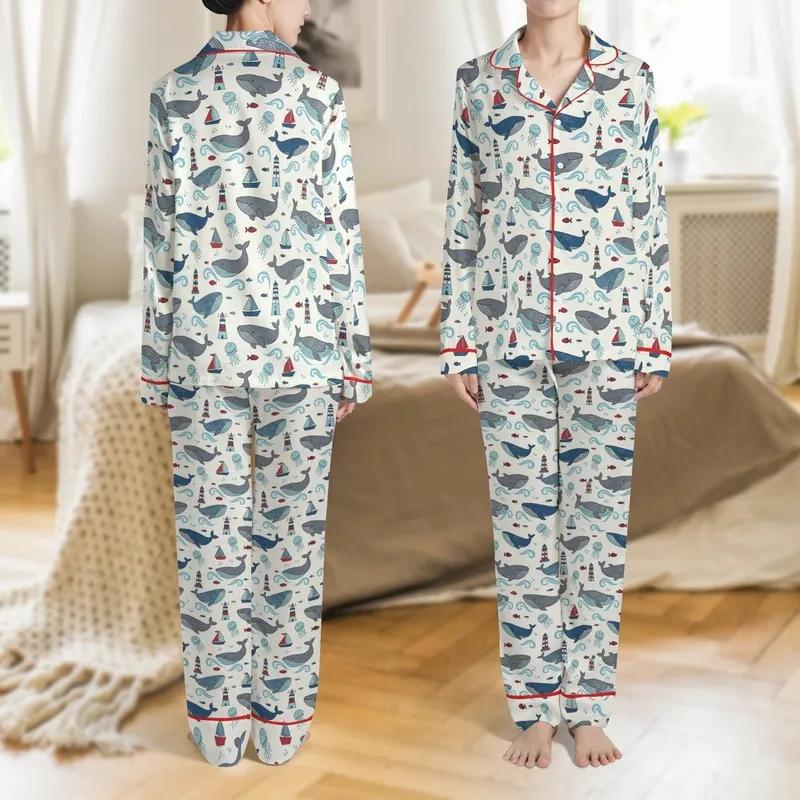 Kids Nautical Sleep Set: Playful Whale & Sailboat Pattern - Cozy Knit Pajamas Satin Pajamas Set - 1
