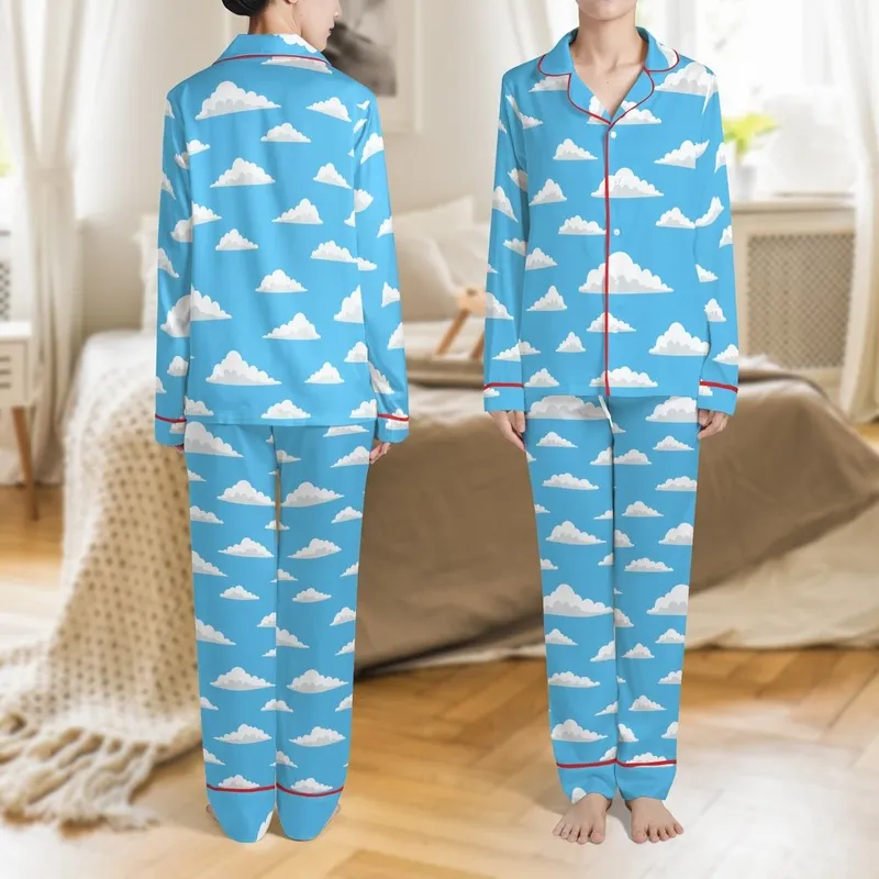 Cloud Dreamer's Azure Sky Cumulus Pattern Loose-Fit Polyester Pajamas Satin Pajamas Set - 1