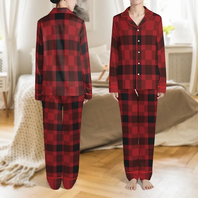 Timeless Style: Deep Red & True Black Buffalo Plaid - Geometric Interlocking Pattern Satin Pajamas Set - 1