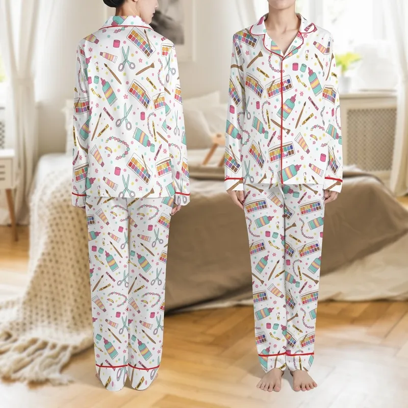 Pancakes & Pajamas Party: Whimsical Craft Supplies Pattern - Playful Sleepwear Set Satin Pajamas Set - 1