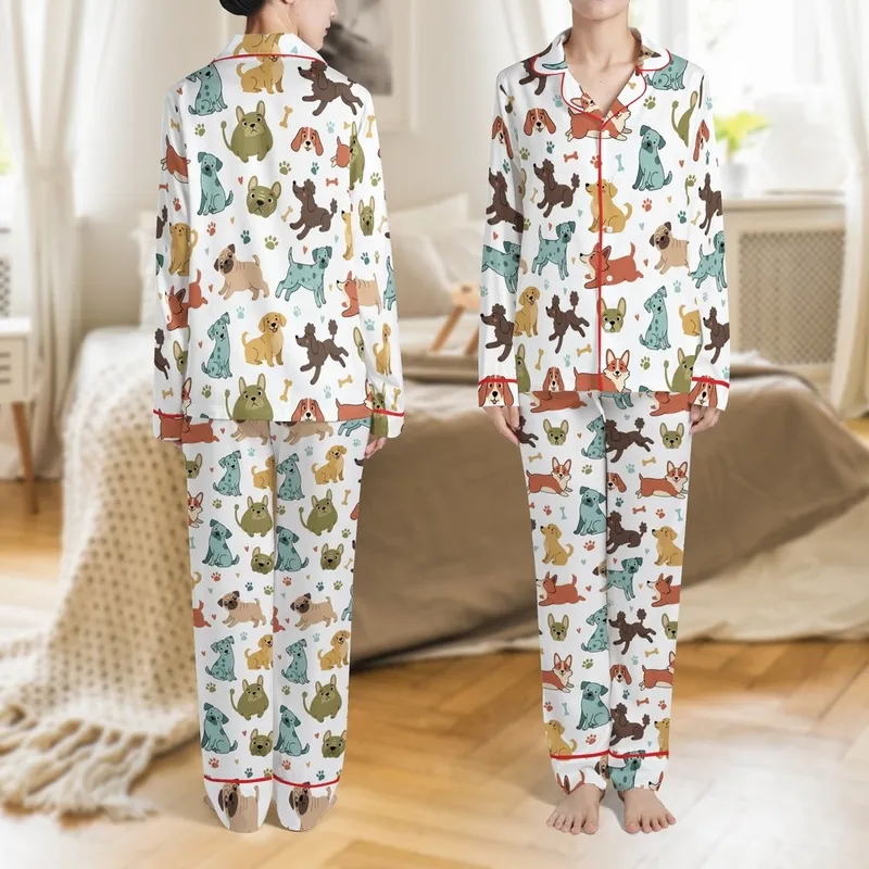 Dog Lover's Whimsical Cartoon Dog Breeds Pattern with Paw Prints & Hearts Wearable Satin Pajamas Set - 1