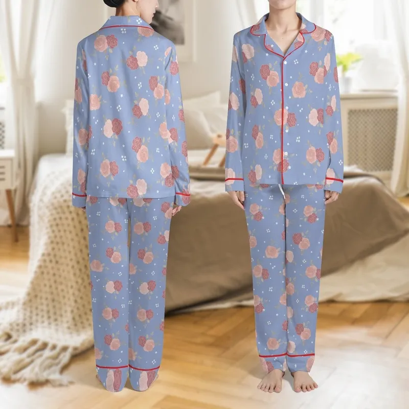 Women's Personalized Bridesmaid Satin Pajamas: Periwinkle Blue Rose & Gold Foliage Pattern Satin Pajamas Set - 1