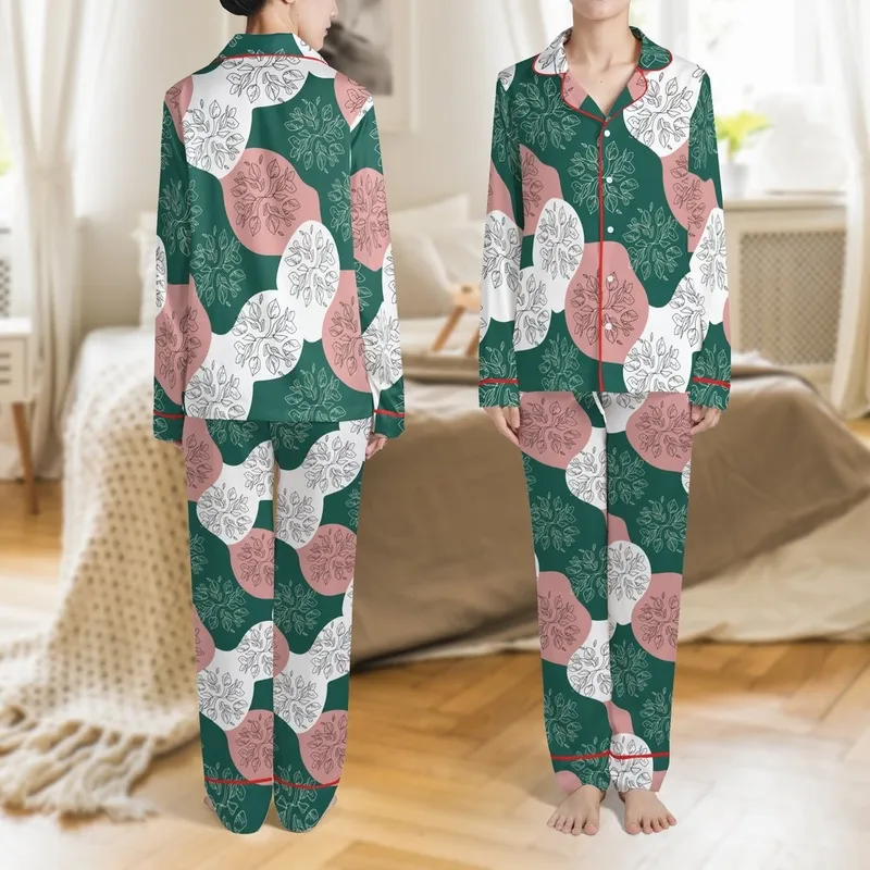 Elegant Botanical Swirl Pattern: Emerald Green, Rose Pink, White Line Art Satin Pajamas Set - 1