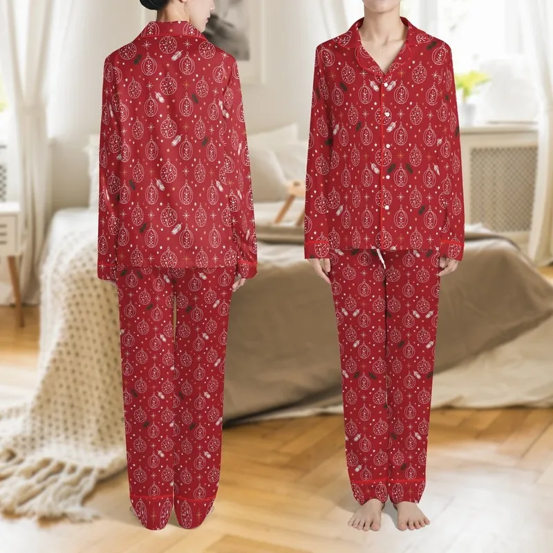Women's Personalized Elegant Red Christmas Bauble & Starburst Satin Long Sleepwear Set Satin Pajamas Set - 1