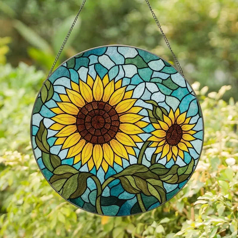 Nature Lovers' Radiant Tiffany Style Stained Glass Sunflower Jewel Tones Mosaic Pattern Stained Glass Suncatcher - 1