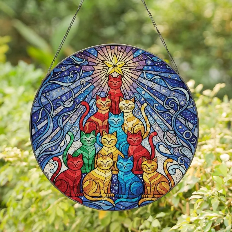 Cat Lovers' Whimsical Stained Glass Jewel Tone Cat Pyramid Christmas Tree Star Mosaic Stained Glass Suncatcher - 1
