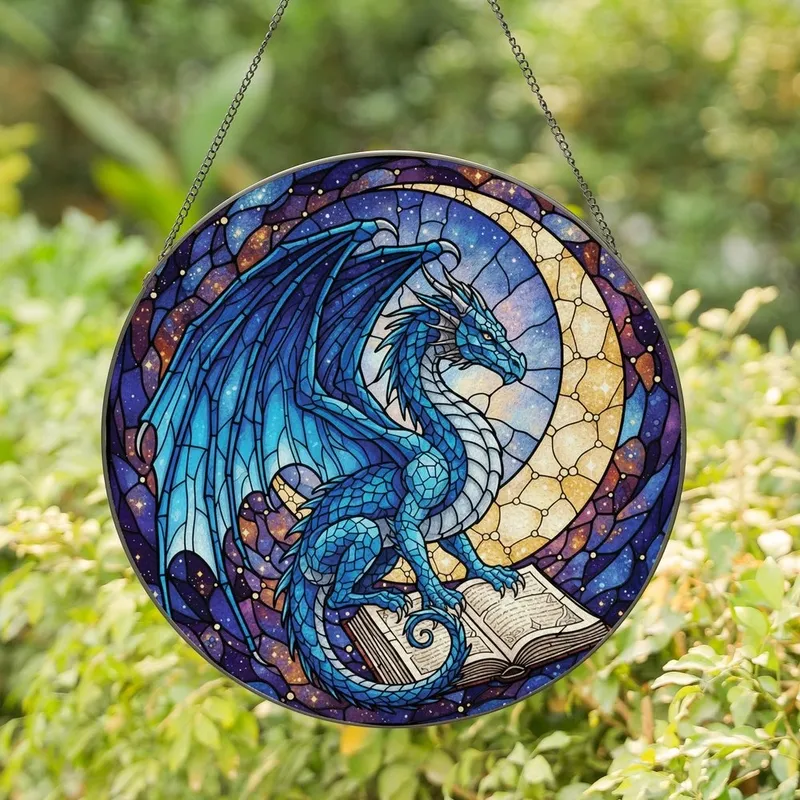 Fantasy Art Enthusiasts' Azure Dragon Stained Glass Cosmic Moon Amber Spellbook Art Stained Glass Suncatcher - -H8QmWEoFF