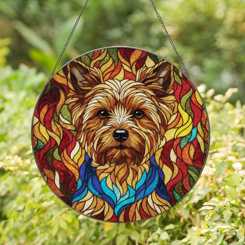 Yorkie Owners' Edge-to-Edge Tiffany Stained Glass Yorkie Head Mosaic Amber Blue Red Cream Stained Glass Suncatcher - toPOkhtVZK