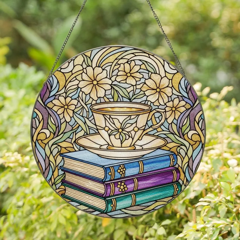 Whimsical Art Aficionados Tiffany-Inspired Stained Glass Teacup, Books, Flowers & Ethereal Swirls in Jewel Tones Stained Glass Suncatcher - 1