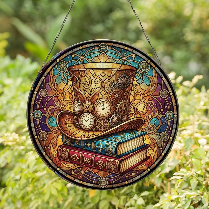Fantasy Art Lover Jewel Tone Tiffany Stained Glass Steampunk Top Hat Cosmic Swirl Stained Glass Suncatcher - ZWxiPOp_DT