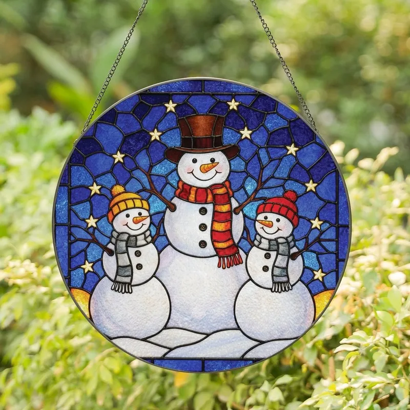 Holiday Enthusiasts' Intricate Stained Glass Snowman Trio, Blue Gold Winter Mosaic Stained Glass Suncatcher - rqwv-oDP_i