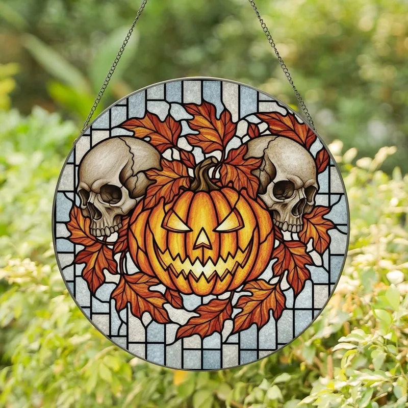 Halloween Art Lovers' Glowing Stained Glass Jack-o'-Lantern Skulls Autumn Mosaic Jewel Tones Stained Glass Suncatcher - 1