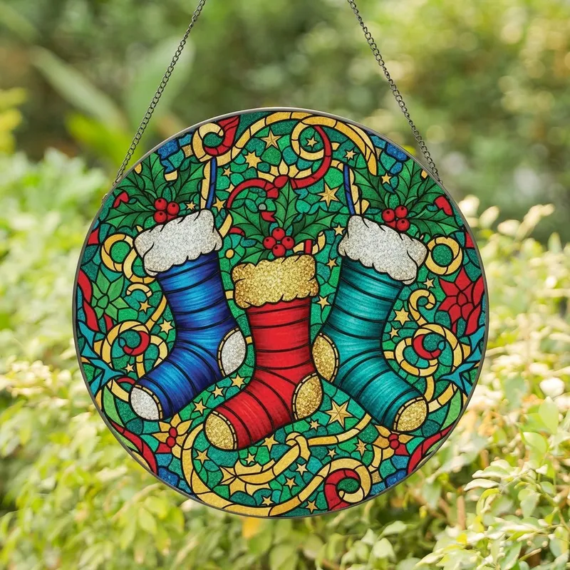 Holiday Enthusiasts' Vibrant Stained Glass Christmas Stockings Holly Emerald Ruby Teal Gold Mosaic Stained Glass Suncatcher - 8xDbcT-Ltb
