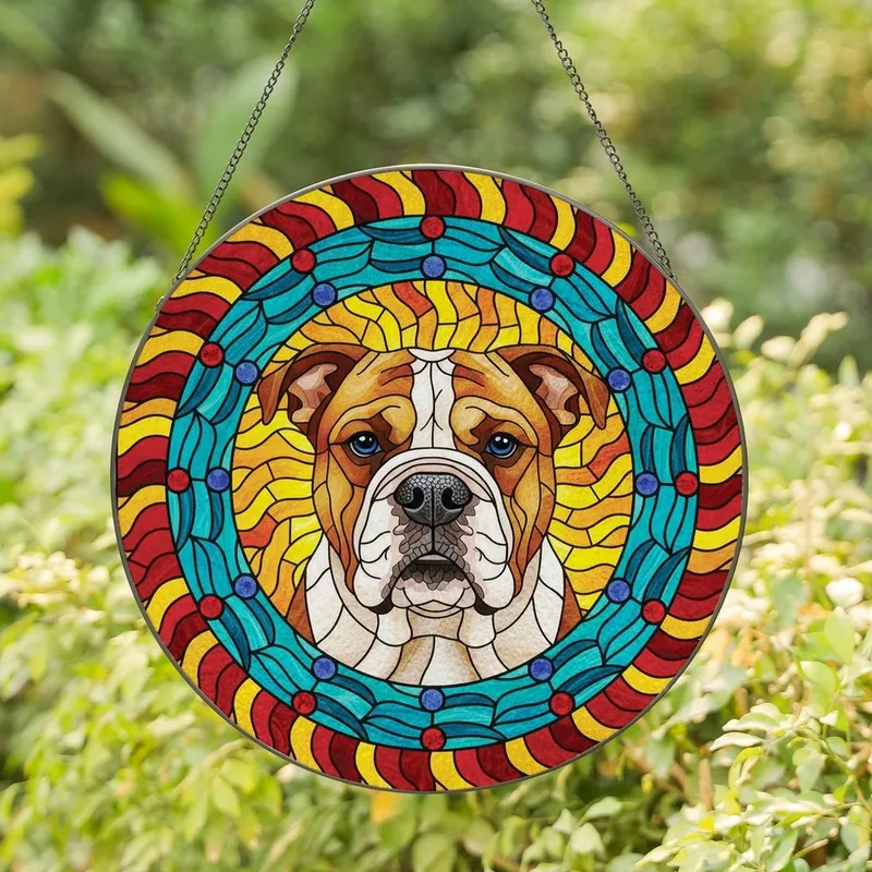 Dog Lovers' Intricate Stained Glass Pit Bull Bulldog Head Fiery Sunburst Mosaic Art Stained Glass Suncatcher - bdplSZvMBV