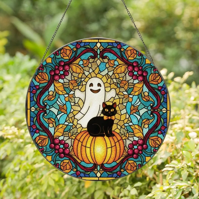 Spooky Season Fans' Friendly Ghost Cute Cat Glowing Pumpkin Tiffany Stained Glass Teal Burgundy Autumn Leaf Mosaic Stained Glass Suncatcher - 1