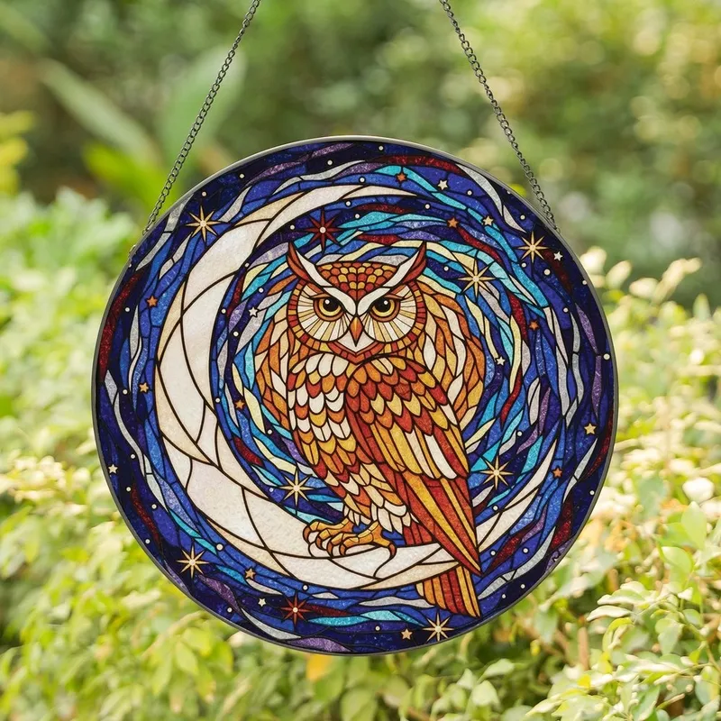 Owl & Celestial Art Lovers' Tiffany Style Stained Glass Majestic Owl Crescent Moon Starry Night Jewel Tones Stained Glass Suncatcher - kBAaH_Mm5V