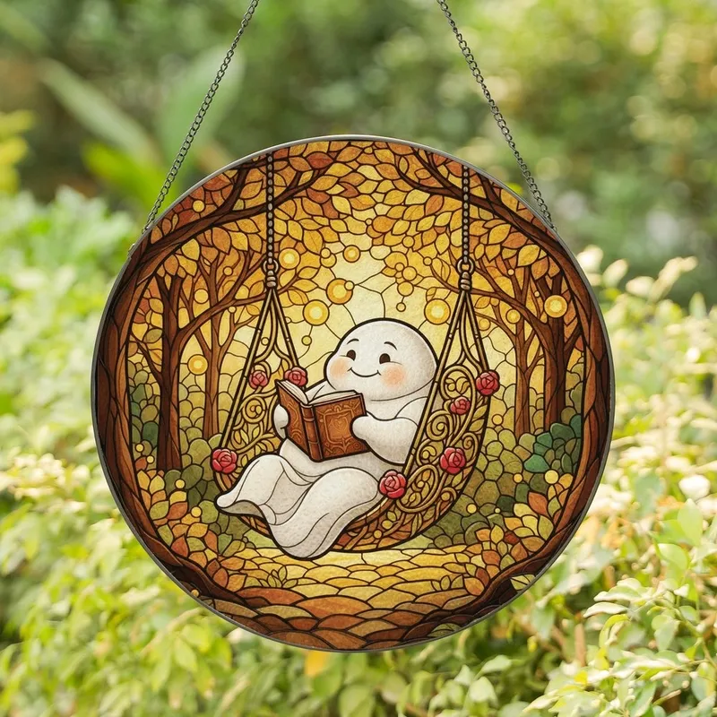 Fantasy Art Lovers' Whimsical Stained Glass Ghost Reading Golden Autumn Forest Jewel Tones Stained Glass Suncatcher - 1