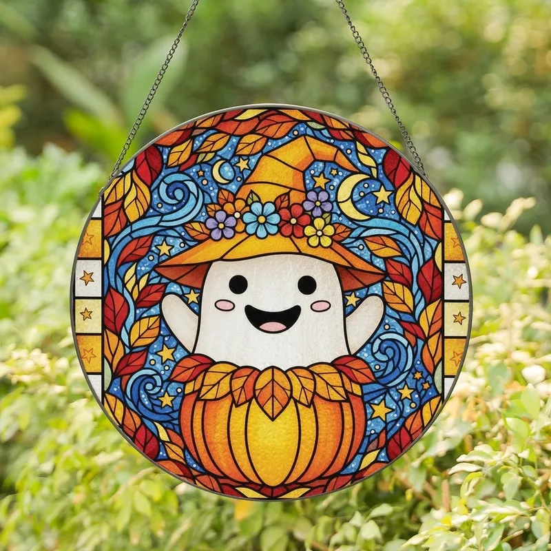 Autumn Lovers' Tiffany Style Stained Glass Ghost & Pumpkin Mosaic with Celestial Foliage Stained Glass Suncatcher - 1