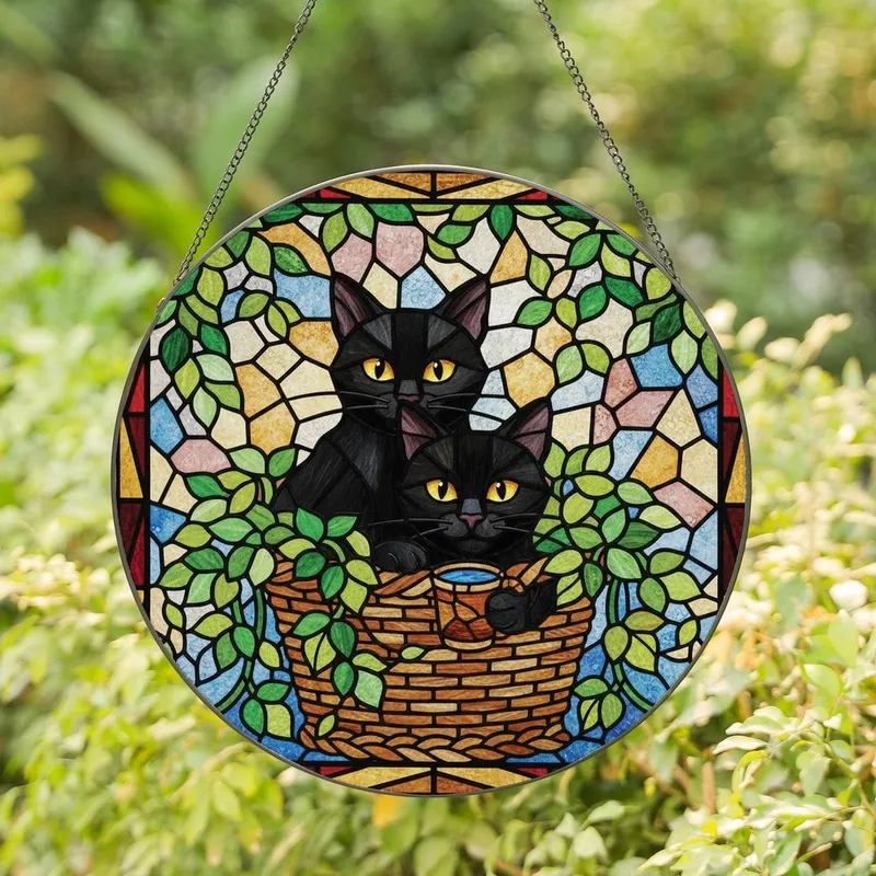 Cat Lovers' Vibrant Tiffany Stained Glass Black Cats Dappled Light Geometric Mosaic Stained Glass Suncatcher - XDMMw657oS