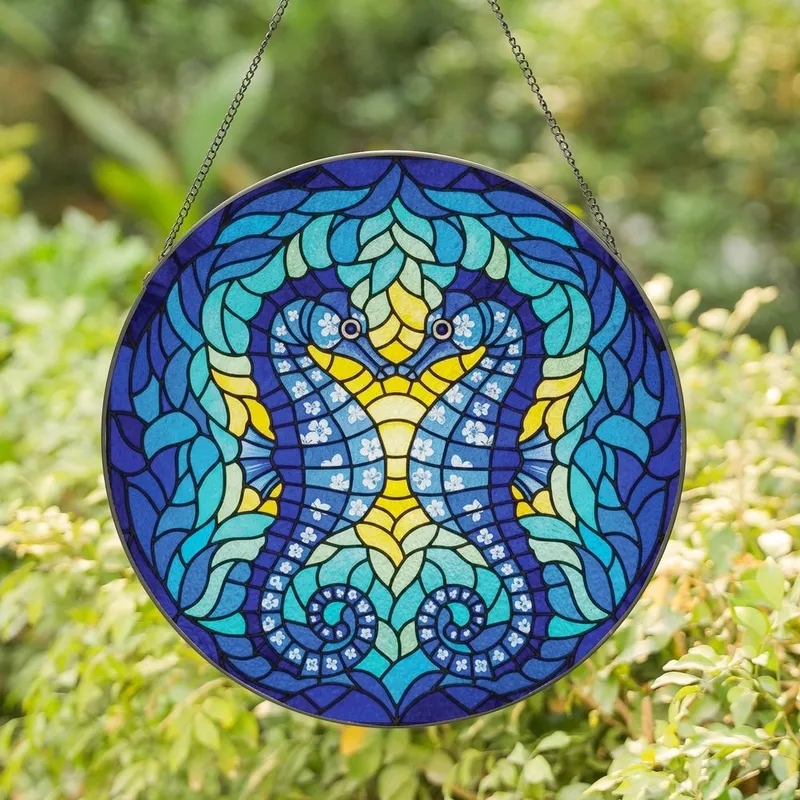 Ocean Lovers' Tiffany Style Stained Glass Mirrored Seahorse Heart Deep Blue Aqua Yellow Mosaic Art Stained Glass Suncatcher - 1