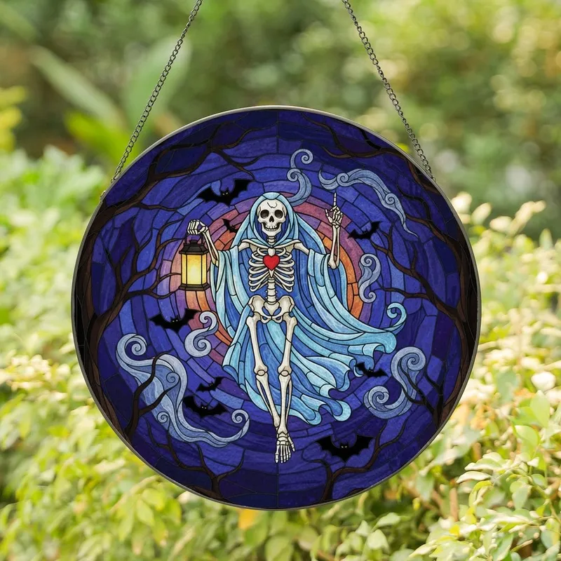 Halloween Lovers' Whimsical Skeleton Stained Glass Tiffany Art, Blue Veil, Red Heart, Glowing Lantern, Midnight Mosaic Stained Glass Suncatcher - 1