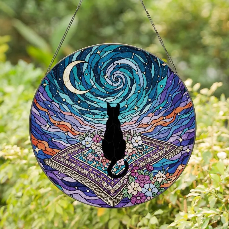 Fantasy Cat Lovers' Intricate Stained Glass Black Cat Magic Carpet Celestial Night Jewel Tones Stained Glass Suncatcher - 1-W1oACjAD