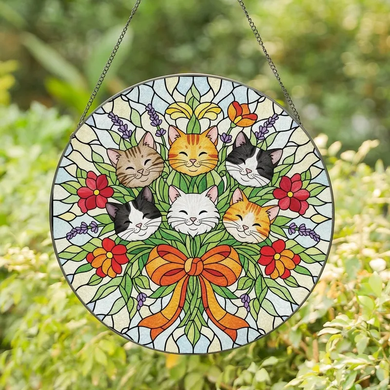 Cat Lovers' Tiffany Stained Glass Cat Bouquet Vibrant Jewel Tones Sunny Mosaic Art Stained Glass Suncatcher - -5DPT8cF7P
