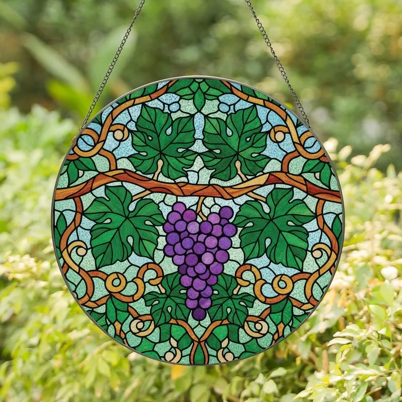 Nature Enthusiasts' Tiffany Glass Glowing Grape Cluster Vine Emerald Green Amber Royal Purple Stained Glass Suncatcher - ddS4Am3LE4