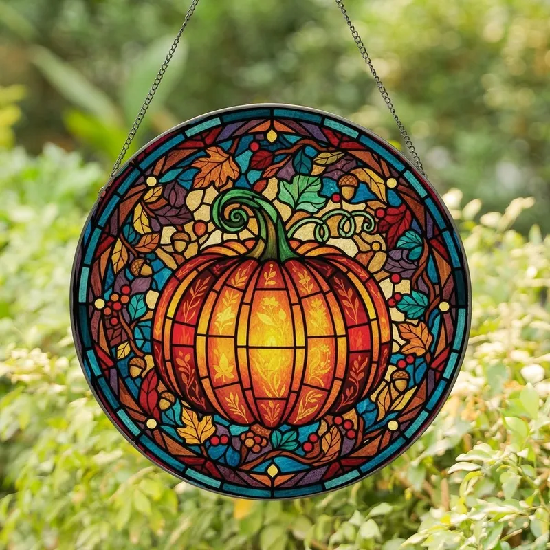 Autumn Art Lovers' Vibrant Tiffany Style Stained Glass Pumpkin Mosaic with Intricate Jewel Tone Autumn Foliage Patterns Stained Glass Suncatcher - 1
