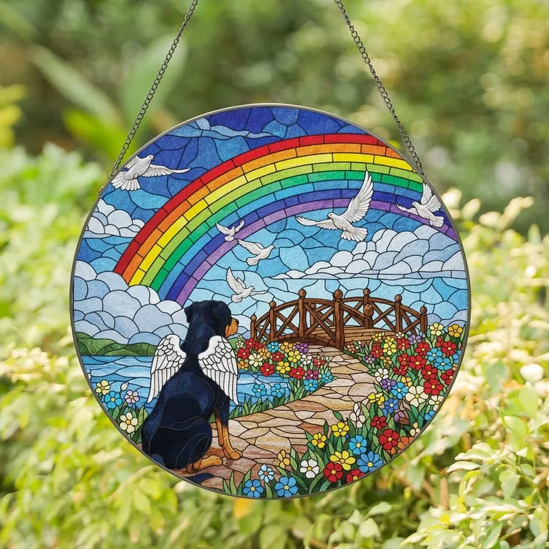 Dog Lovers' Stained Glass Angelic Rottweiler Rainbow Celestial Floral Mosaic Stained Glass Suncatcher - T7Ov7wu1YD