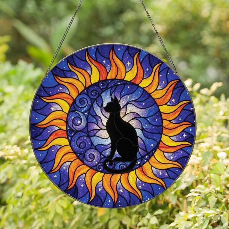 Cat Lovers' Tiffany Stained Glass Black Cat Celestial Cosmic Moon Sun Rays Deep Blue Purple Orange Stained Glass Suncatcher - 1