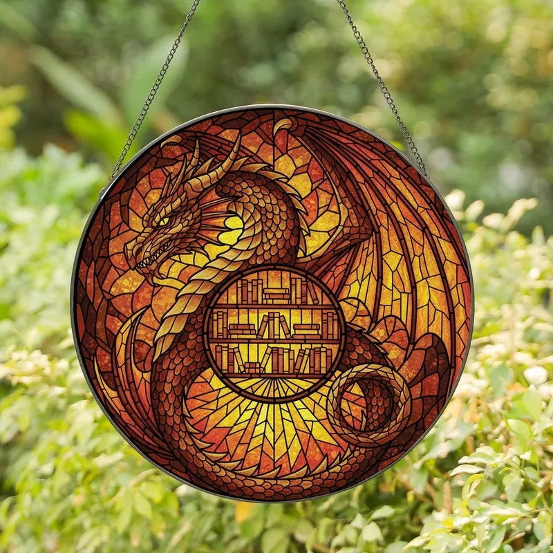 Dragon Enthusiasts' Tiffany Style Stained Glass Dragon Amber Bookshelves Fiery Embers Stained Glass Suncatcher - 1